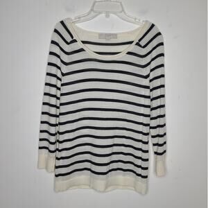 Ann Taylor Loft cream blue merino blend boatneck long sleeve sweater - medium